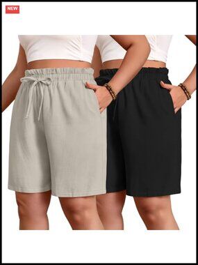 Plus Size Linen Bermuda Shorts with Pockets - 2 Pack
